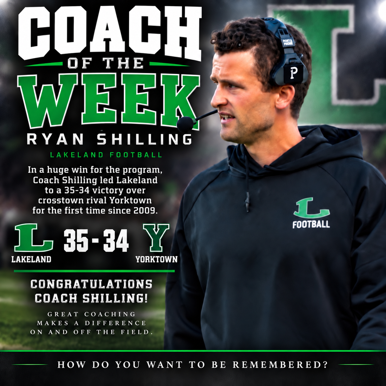 Section 1 Coach of the Week graphic featuring Ryan Shilling, Lakeland Football Coach