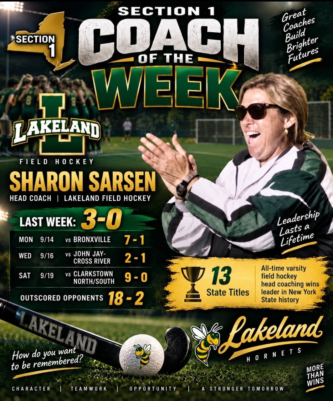 Section 1 Coach of the Week graphic featuring Sharon Sarsen, Lakeland Field Hockey Coach